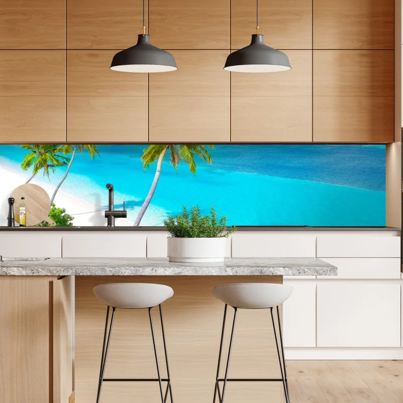 Naklejka repozycjonowalna tropikalna turkusowa plaża z palmami – Wallissimo® Naklejka repozycjonowalna tropikalna turkusowa plaża z palmami – Wallissimo®