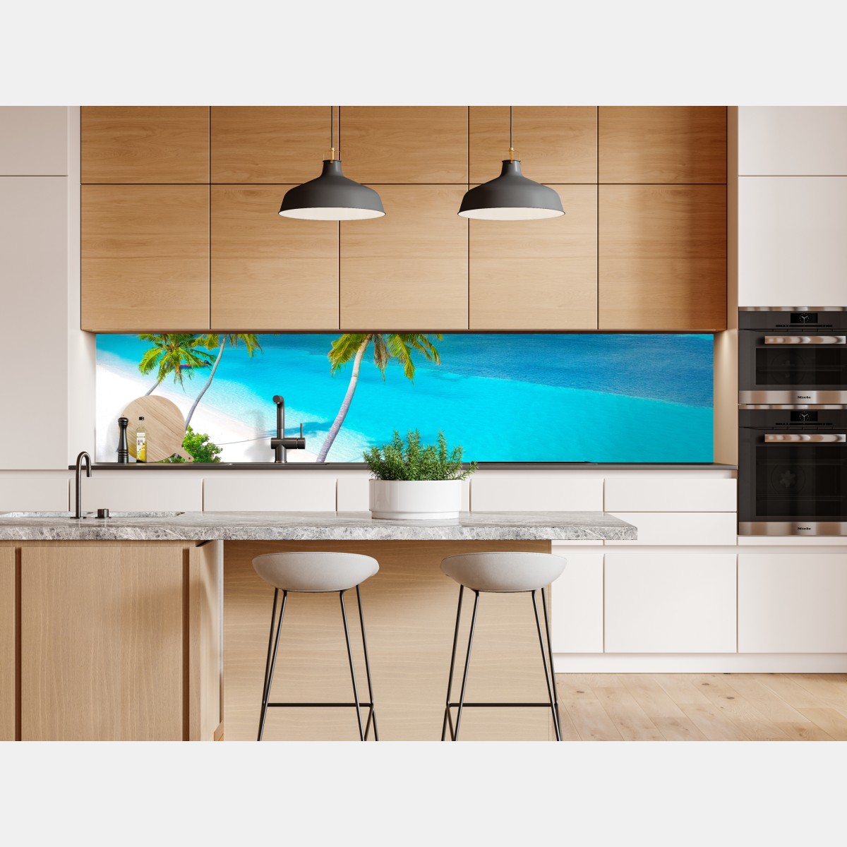 Naklejka repozycjonowalna tropikalna turkusowa plaża z palmami – Wallissimo® Naklejka repozycjonowalna tropikalna turkusowa plaża z palmami – Wallissimo®