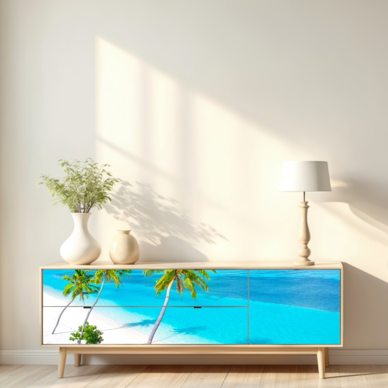 Naklejka repozycjonowalna tropikalna turkusowa plaża z palmami – Wallissimo® Naklejka repozycjonowalna tropikalna turkusowa plaża z palmami – Wallissimo®