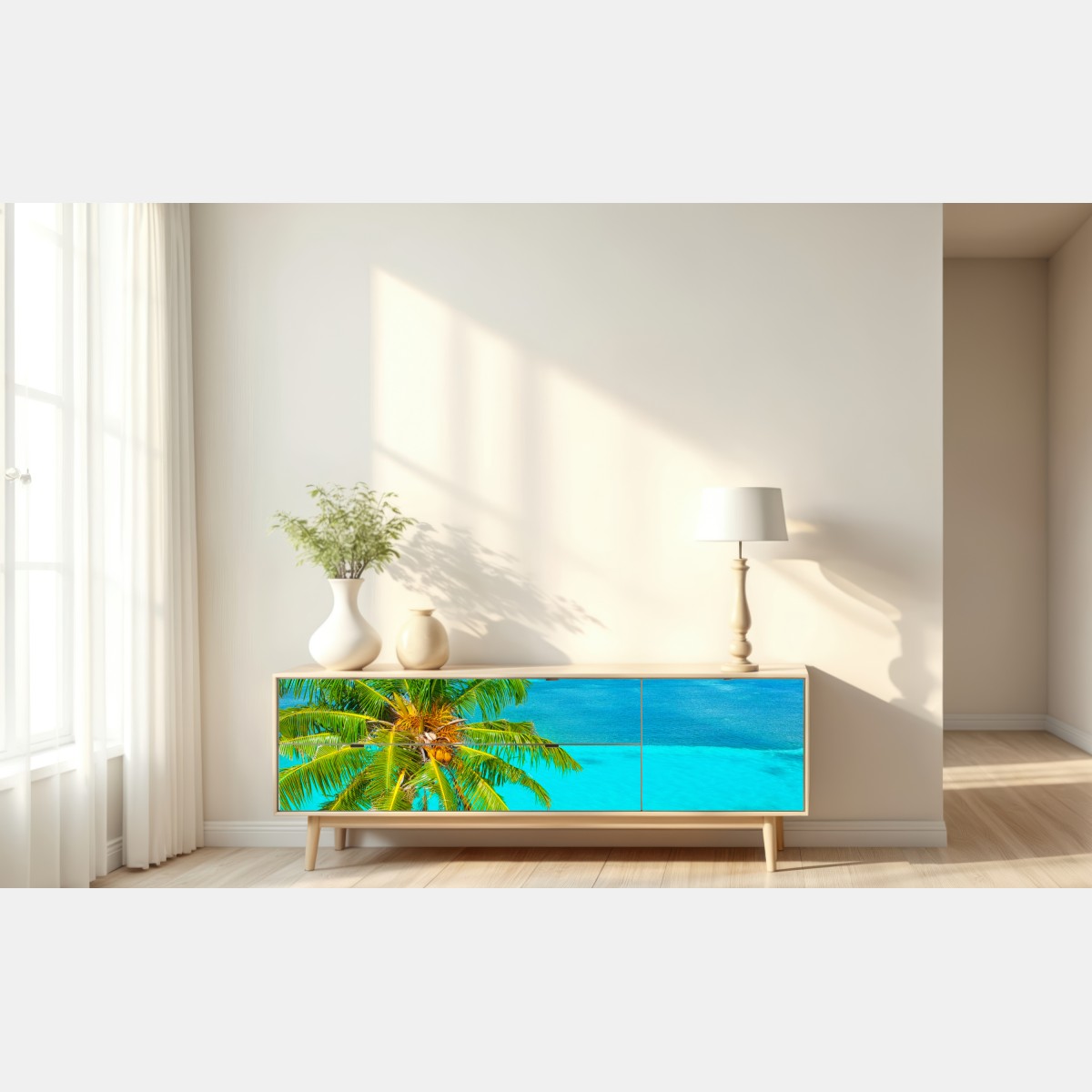 Naklejka repozycjonowalna tropikalna turkusowa plaża z palmą – Wallissimo® Naklejka repozycjonowalna tropikalna turkusowa plaża z palmą – Wallissimo®