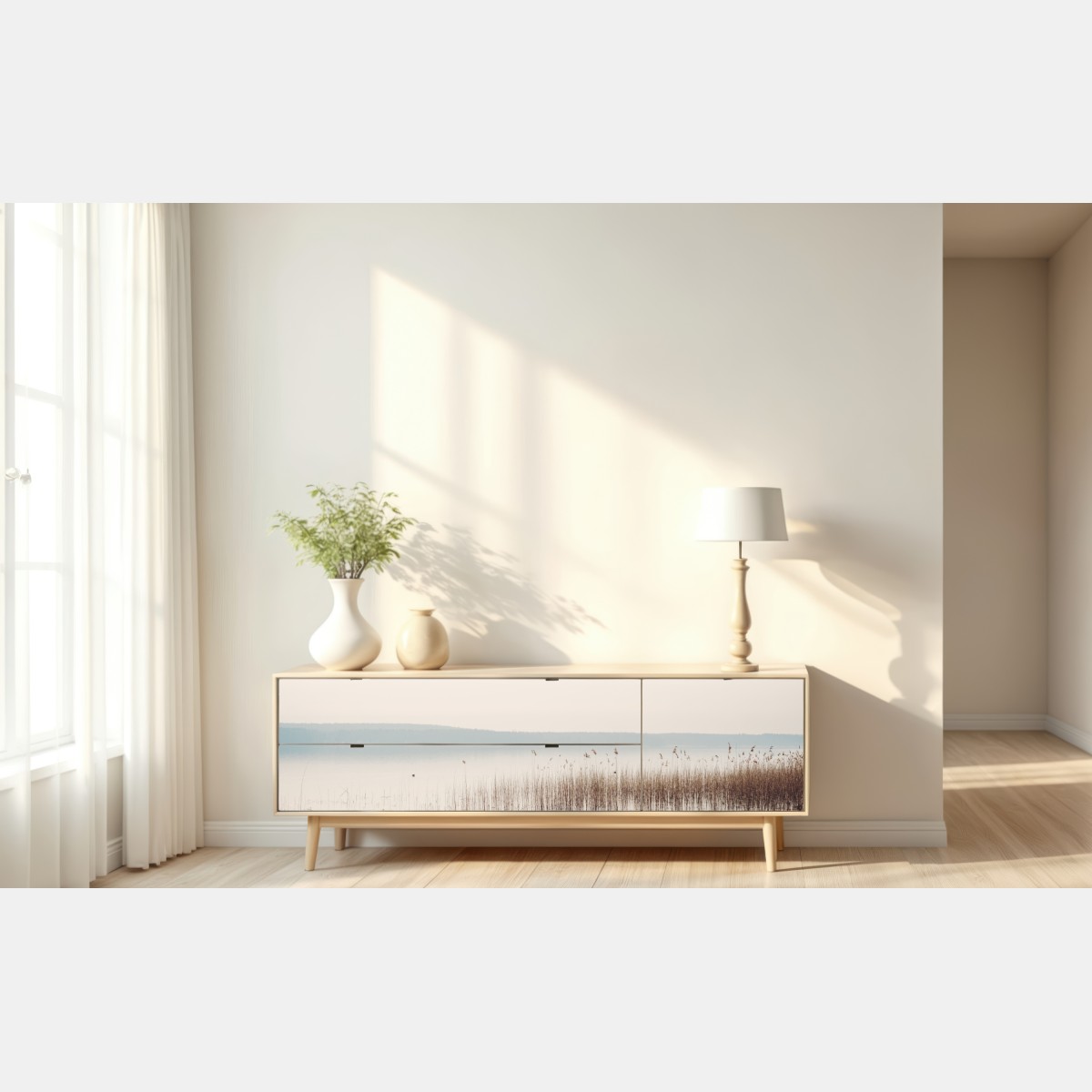 Naklejka repozycjonowalna spokojne trzcinowisko nad jeziorem – Wallissimo® Naklejka repozycjonowalna spokojne trzcinowisko nad jeziorem – Wallissimo®