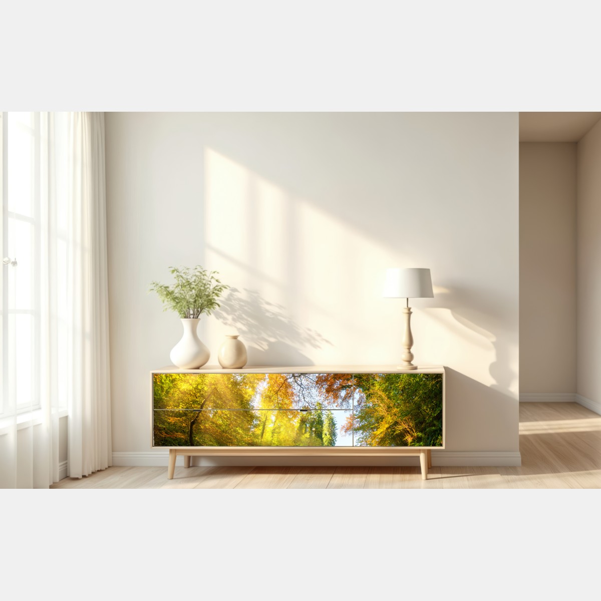 Naklejka repozycjonowalna złota jesienna ścieżka przez las – Wallissimo® Naklejka repozycjonowalna złota jesienna ścieżka przez las – Wallissimo®