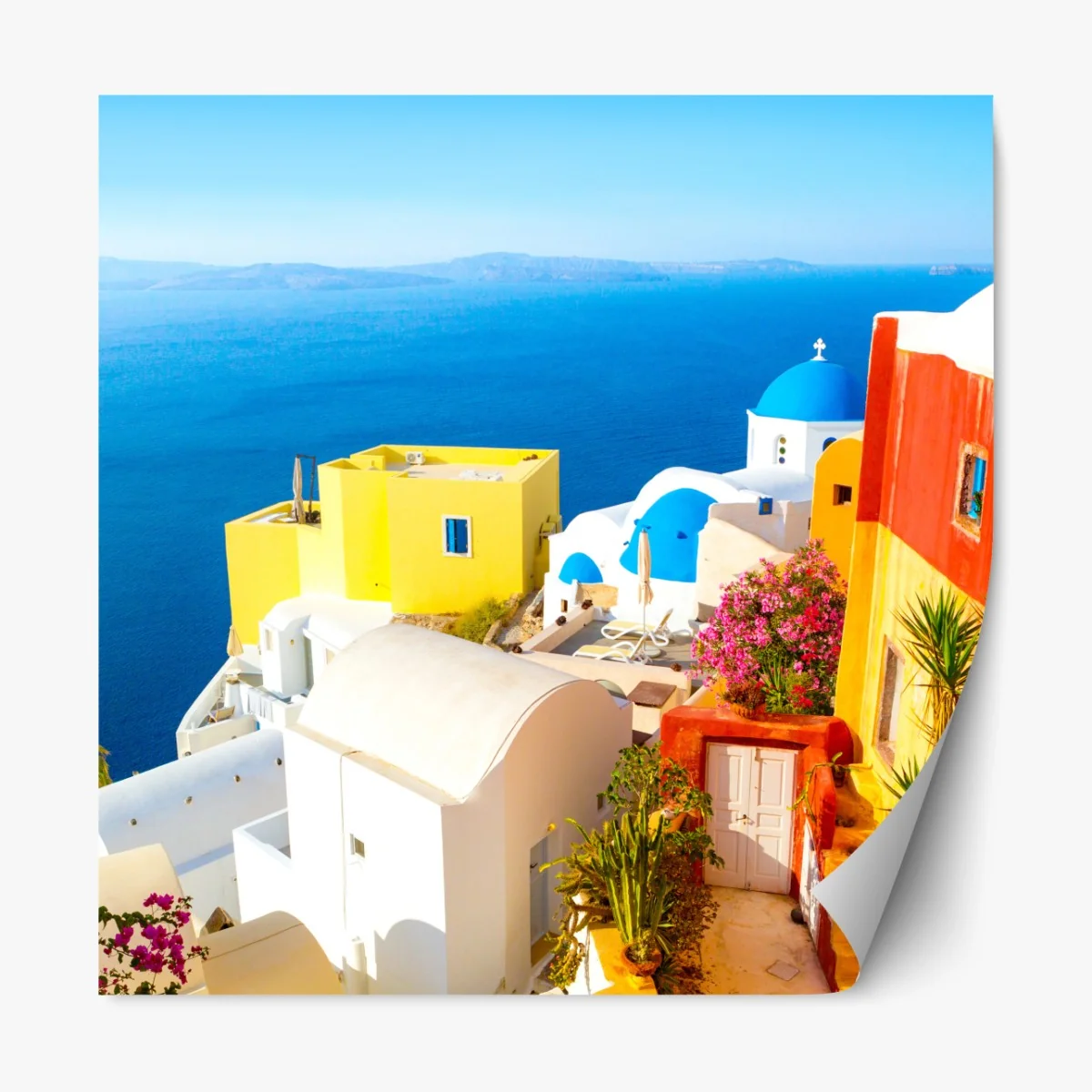 Naklejka repozycjonowalna słoneczna Santorini nadmorska wioska – Wallissimo® Naklejka repozycjonowalna słoneczna Santorini nadmorska wioska – Wallissimo®