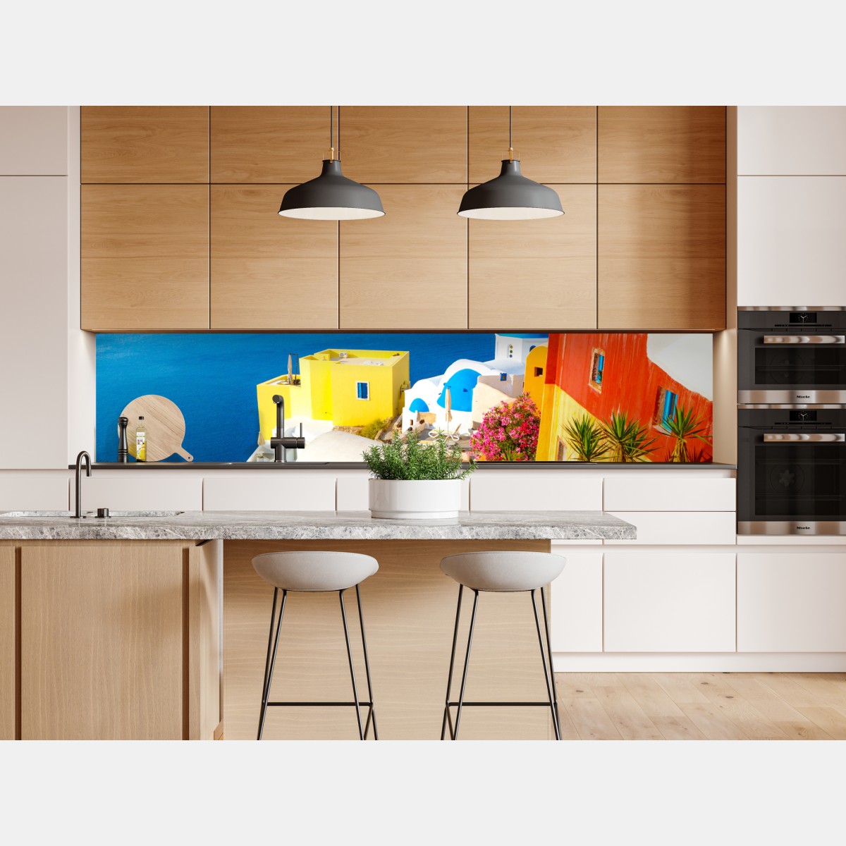 Naklejka repozycjonowalna słoneczna Santorini nadmorska wioska – Wallissimo® Naklejka repozycjonowalna słoneczna Santorini nadmorska wioska – Wallissimo®