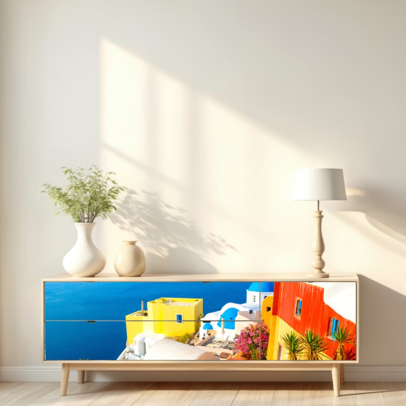 Naklejka repozycjonowalna słoneczna Santorini nadmorska wioska – Wallissimo® Naklejka repozycjonowalna słoneczna Santorini nadmorska wioska – Wallissimo®