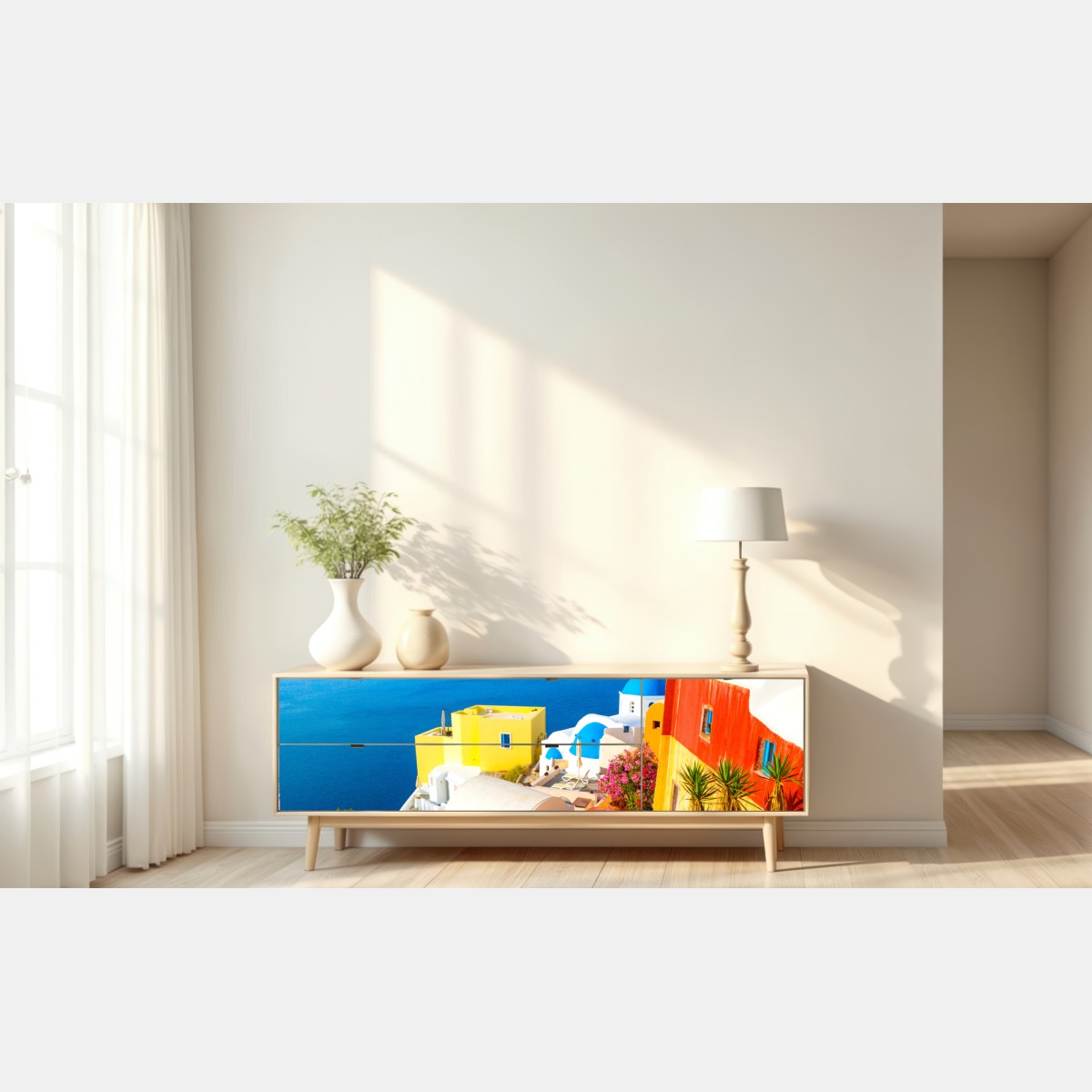 Naklejka repozycjonowalna słoneczna Santorini nadmorska wioska – Wallissimo® Naklejka repozycjonowalna słoneczna Santorini nadmorska wioska – Wallissimo®