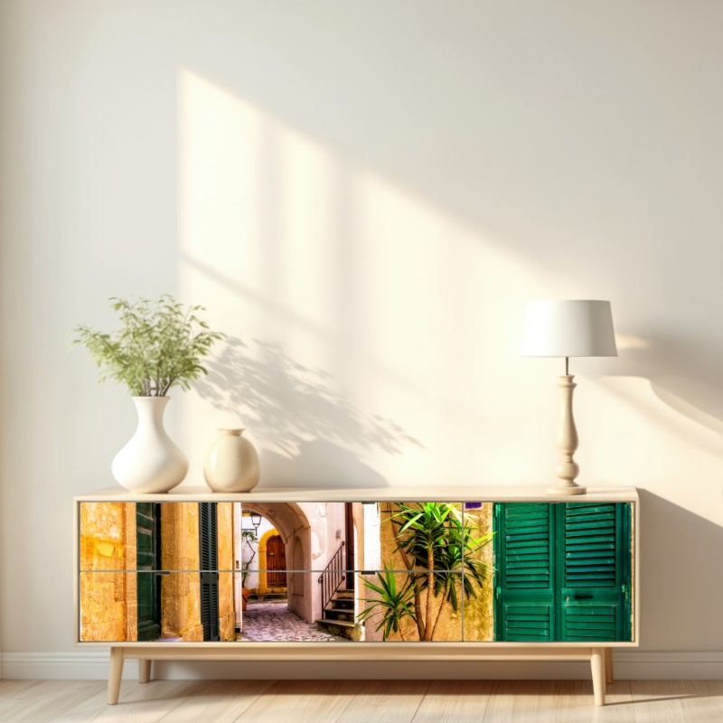 Naklejka repozycjonowalna słoneczna śródziemnomorska uliczka z zielonymi okiennicami – Wallissimo® Naklejka repozycjonowalna słoneczna śródziemnomorska uliczka z zielonymi okiennicami – Wallissimo®