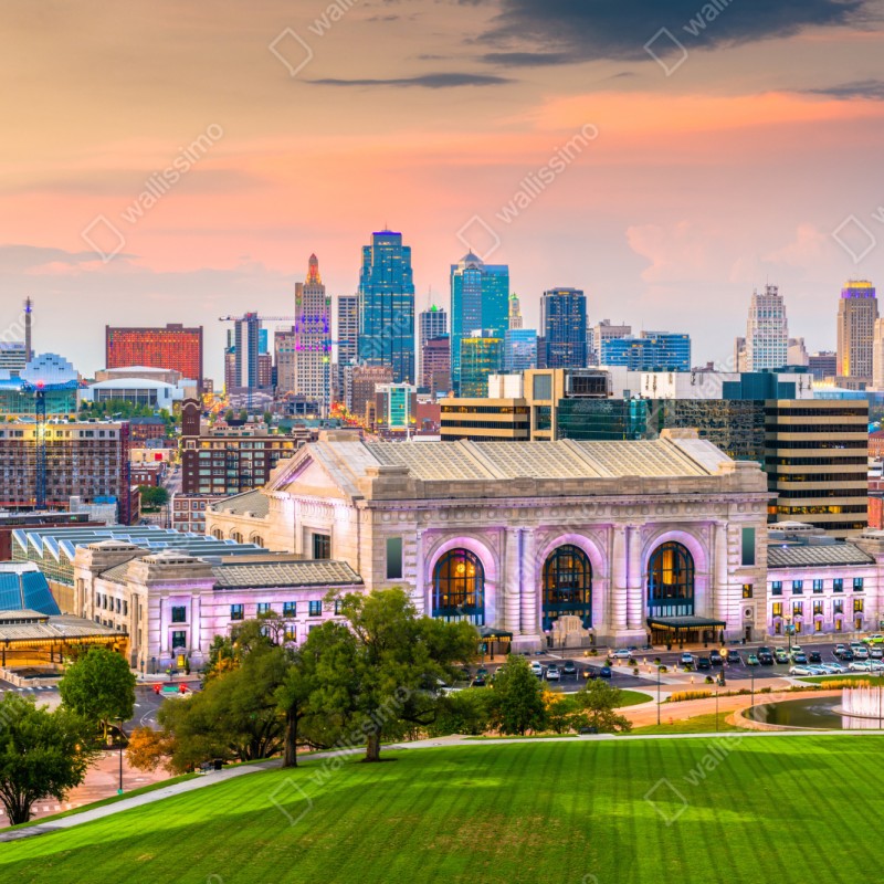 Naklejka repozycjonowalna Kansas City panorama o zmierzchu – Wallissimo® Naklejka repozycjonowalna Kansas City panorama o zmierzchu – Wallissimo®