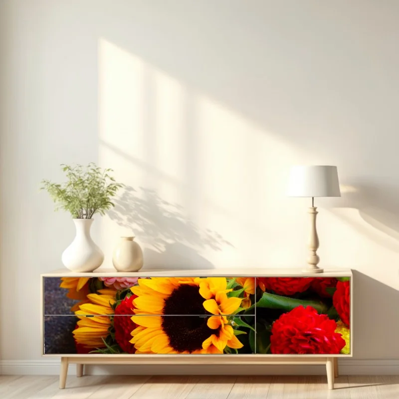 Naklejka repozycjonowalna zbliżenie bukietu słoneczników i dali – Wallissimo® Naklejka repozycjonowalna zbliżenie bukietu słoneczników i dali – Wallissimo®