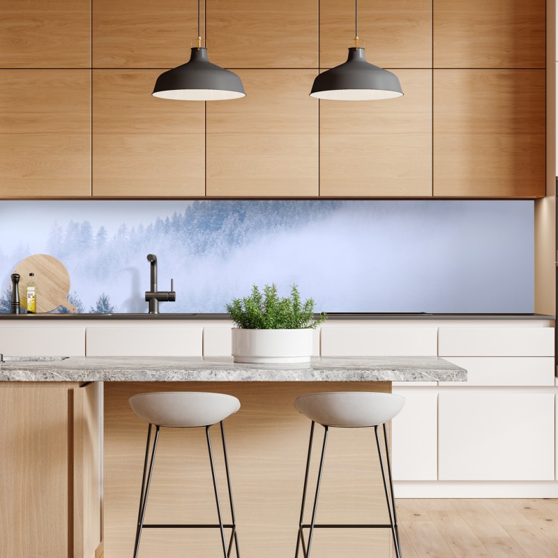 Naklejka repozycjonowalna zimowa mgła nad lasem iglastym – Wallissimo® Naklejka repozycjonowalna zimowa mgła nad lasem iglastym – Wallissimo®