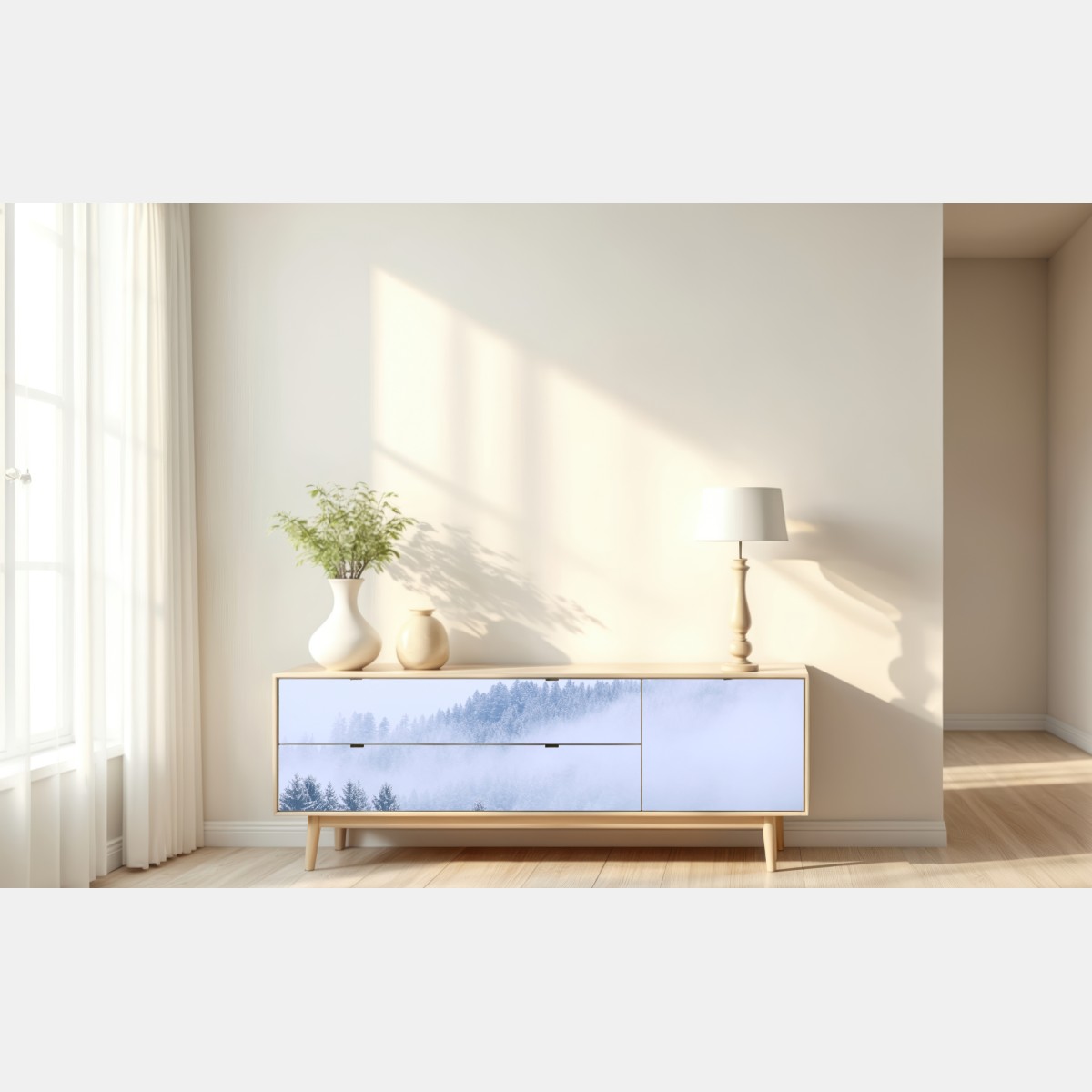 Naklejka repozycjonowalna zimowa mgła nad lasem iglastym – Wallissimo® Naklejka repozycjonowalna zimowa mgła nad lasem iglastym – Wallissimo®