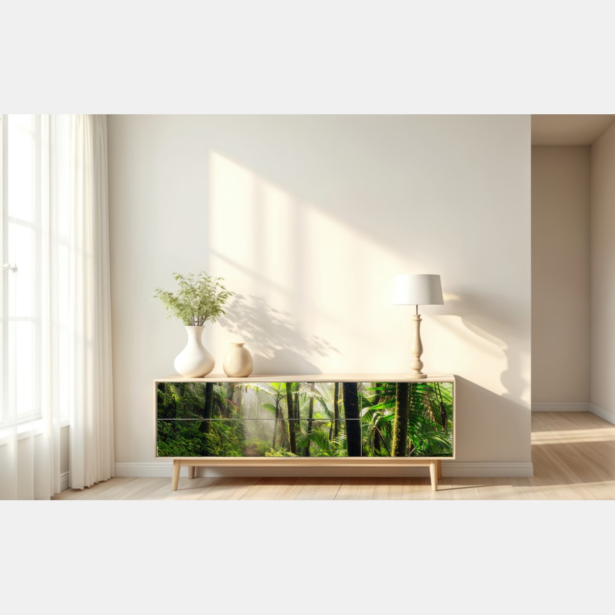 Naklejka repozycjonowalna tropikalny las deszczowy z promieniami słońca – Wallissimo® Naklejka repozycjonowalna tropikalny las deszczowy z promieniami słońca – Wallissimo®