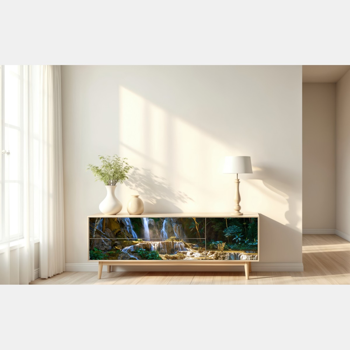 Naklejka repozycjonowalna turkusowy wodospad w bujnym lesie – Wallissimo® Naklejka repozycjonowalna turkusowy wodospad w bujnym lesie – Wallissimo®
