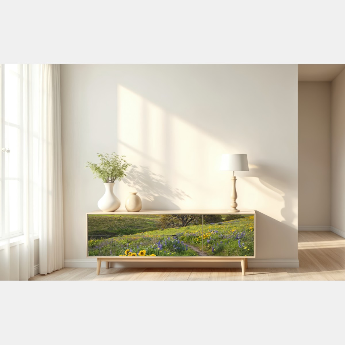 Naklejka repozycjonowalna ścieżka przez złotą łąkę z dzikimi kwiatami – Wallissimo® Naklejka repozycjonowalna ścieżka przez złotą łąkę z dzikimi kwiatami – Wallissimo®