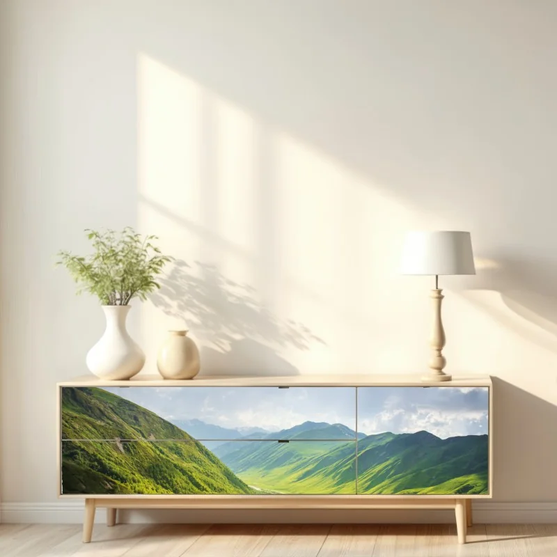 Naklejka repozycjonowalna bujna zielona dolina górska – Wallissimo® Naklejka repozycjonowalna bujna zielona dolina górska – Wallissimo®