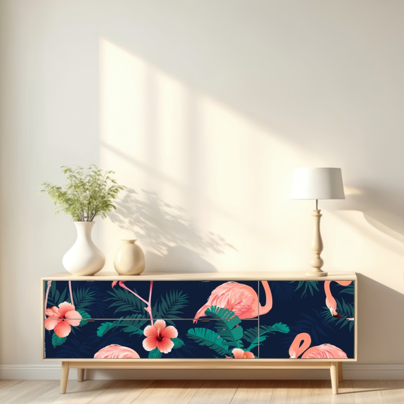Naklejka repozycjonowalna tropikalny różowy wzór z flamingami – Wallissimo® Naklejka repozycjonowalna tropikalny różowy wzór z flamingami – Wallissimo®