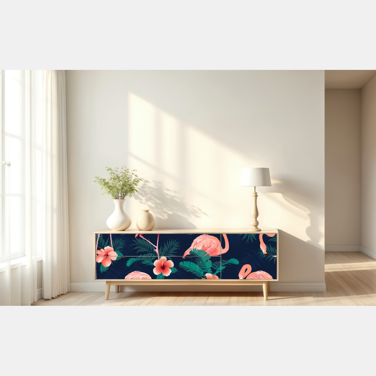 Naklejka repozycjonowalna tropikalny różowy wzór z flamingami – Wallissimo® Naklejka repozycjonowalna tropikalny różowy wzór z flamingami – Wallissimo®