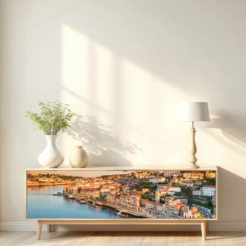 Naklejka repozycjonowalna słoneczna panorama nabrzeża Porto o zachodzie słońca – Wallissimo® Naklejka repozycjonowalna słoneczna panorama nabrzeża Porto o zachodzie słońca – Wallissimo®