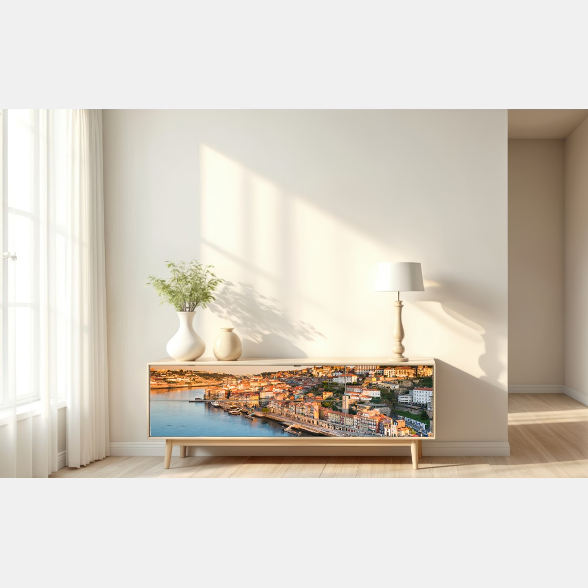 Naklejka repozycjonowalna słoneczna panorama nabrzeża Porto o zachodzie słońca – Wallissimo® Naklejka repozycjonowalna słoneczna panorama nabrzeża Porto o zachodzie słońca – Wallissimo®