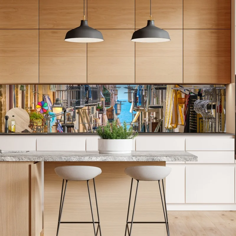 Naklejka repozycjonowalna słoneczna uliczka nad morzem z widokiem na zatokę – Wallissimo® Naklejka repozycjonowalna słoneczna uliczka nad morzem z widokiem na zatokę – Wallissimo®