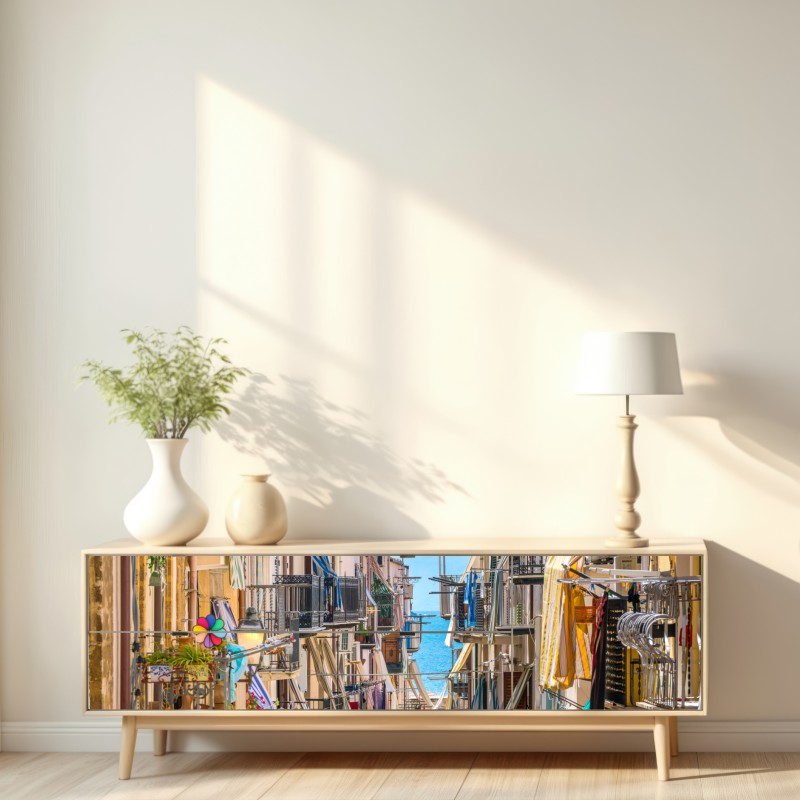 Naklejka repozycjonowalna słoneczna uliczka nad morzem z widokiem na zatokę – Wallissimo® Naklejka repozycjonowalna słoneczna uliczka nad morzem z widokiem na zatokę – Wallissimo®