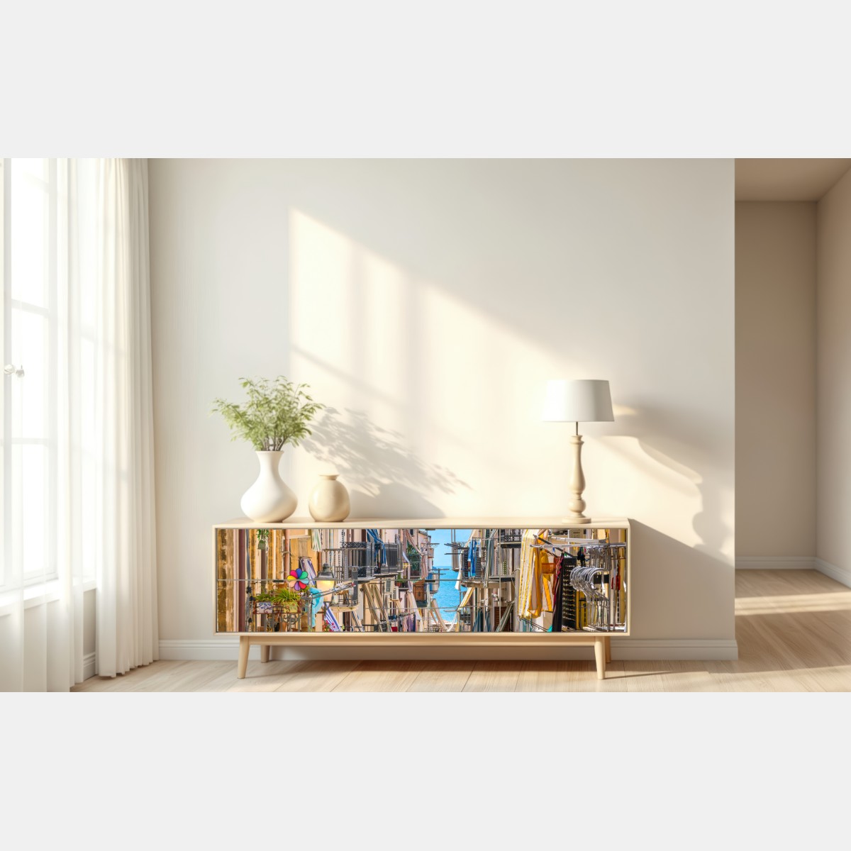 Naklejka repozycjonowalna słoneczna uliczka nad morzem z widokiem na zatokę – Wallissimo® Naklejka repozycjonowalna słoneczna uliczka nad morzem z widokiem na zatokę – Wallissimo®