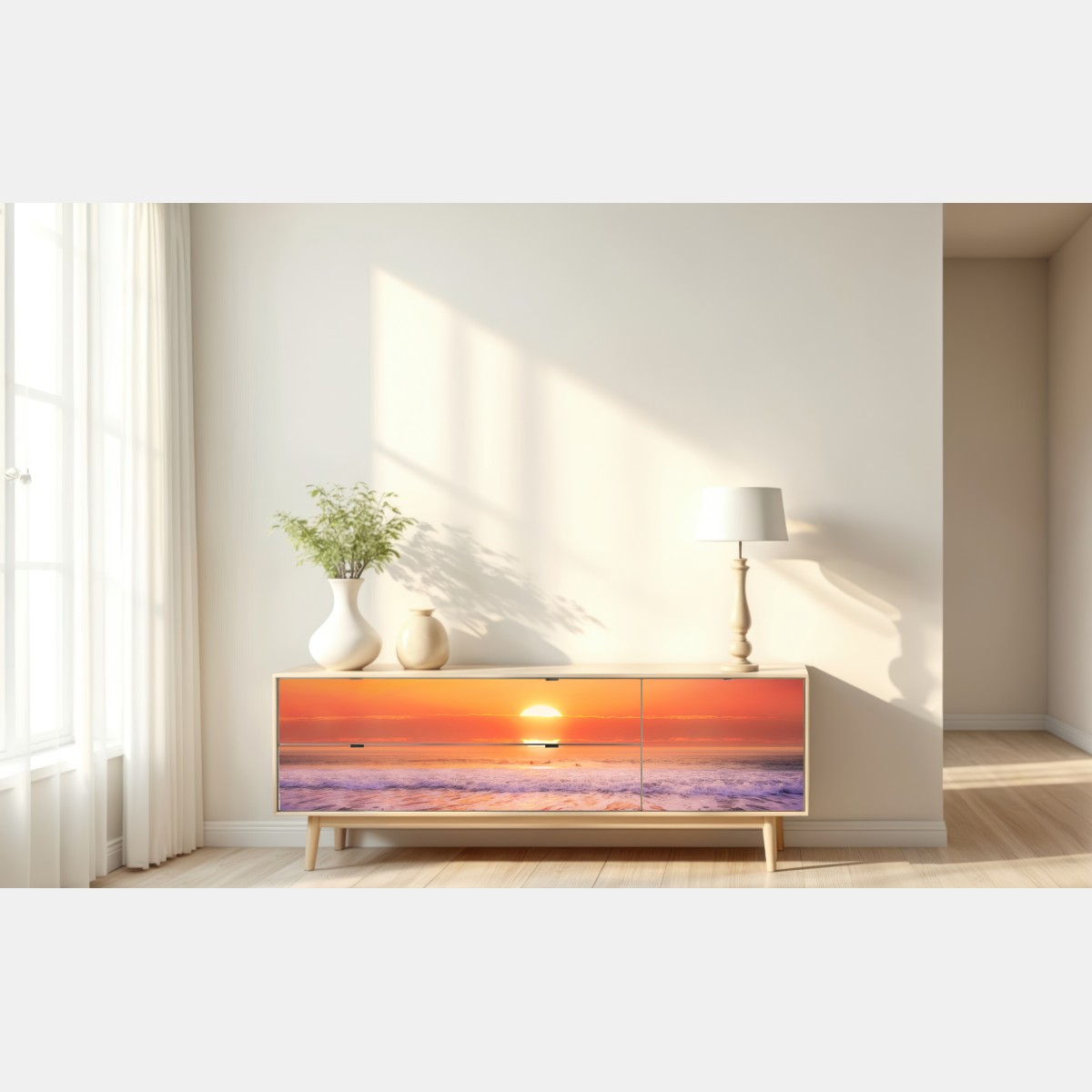 Naklejka repozycjonowalna złoty zachód słońca nad spokojną plażą – Wallissimo® Naklejka repozycjonowalna złoty zachód słońca nad spokojną plażą – Wallissimo®