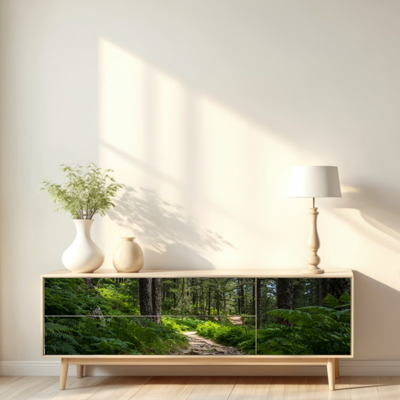 Naklejka repozycjonowalna spokojna ścieżka leśna wśród bujnej zieleni – Wallissimo® Naklejka repozycjonowalna spokojna ścieżka leśna wśród bujnej zieleni – Wallissimo®