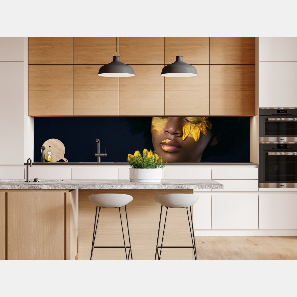 Naklejka repozycjonowalna słonecznikowa muza: portret z płatkami słonecznika – Wallissimo® Naklejka repozycjonowalna słonecznikowa muza: portret z płatkami słonecznika – Wallissimo®