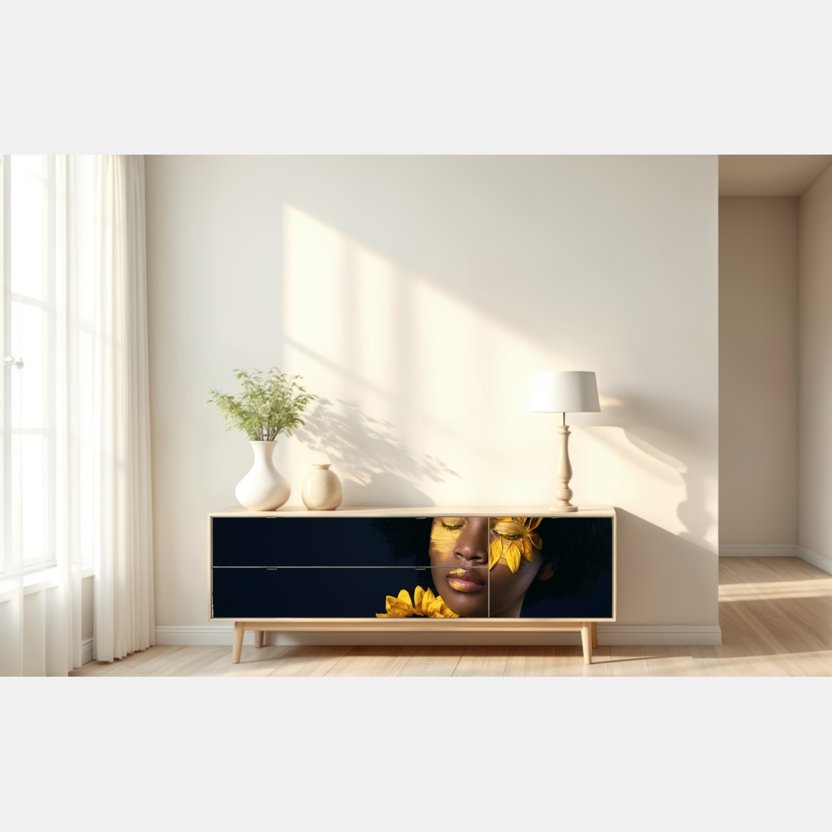 Naklejka repozycjonowalna słonecznikowa muza: portret z płatkami słonecznika – Wallissimo® Naklejka repozycjonowalna słonecznikowa muza: portret z płatkami słonecznika – Wallissimo®