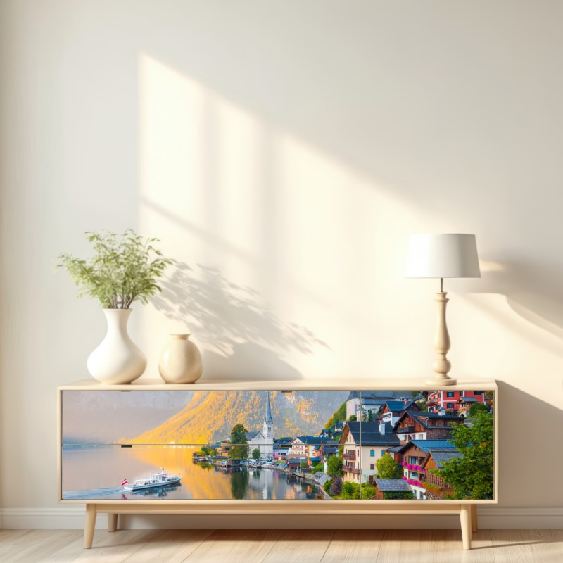 Naklejka repozycjonowalna poranny blask Hallstatt nad jeziorem – Wallissimo® Naklejka repozycjonowalna poranny blask Hallstatt nad jeziorem – Wallissimo®