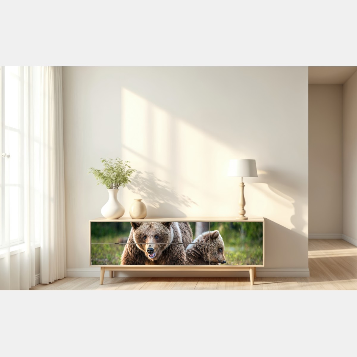 Naklejka repozycjonowalna niedźwiedź brunatny z młodym w lesie – Wallissimo® Naklejka repozycjonowalna niedźwiedź brunatny z młodym w lesie – Wallissimo®