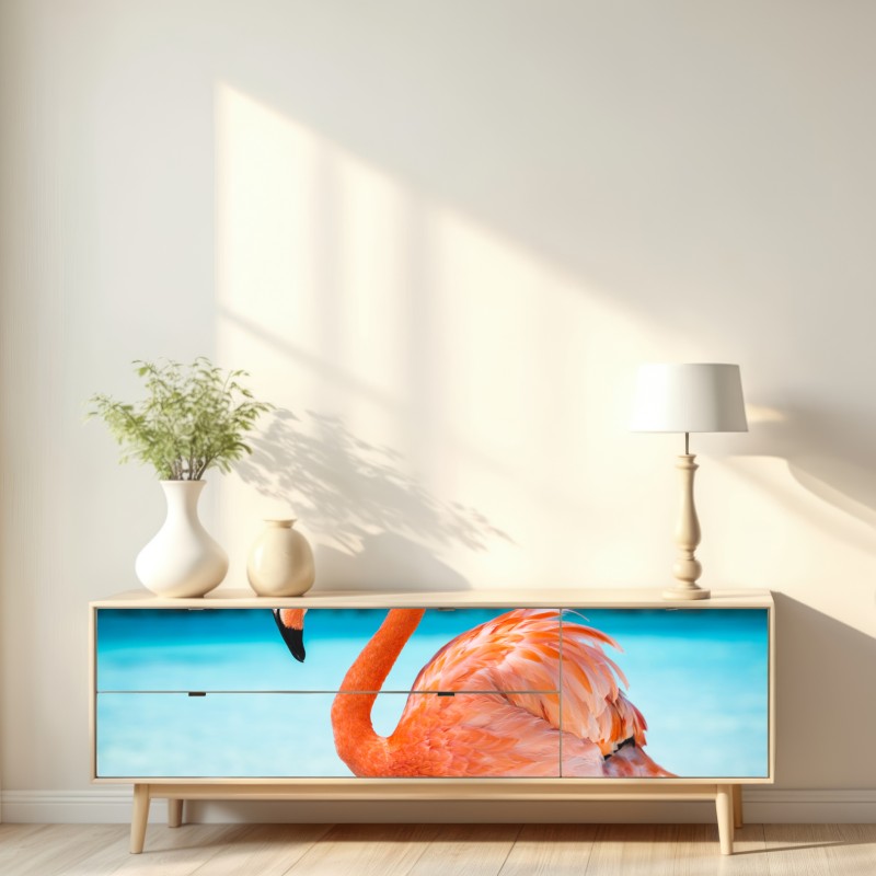 Naklejka repozycjonowalna żywy różowy flaming na turkusowej plaży – Wallissimo® Naklejka repozycjonowalna żywy różowy flaming na turkusowej plaży – Wallissimo®