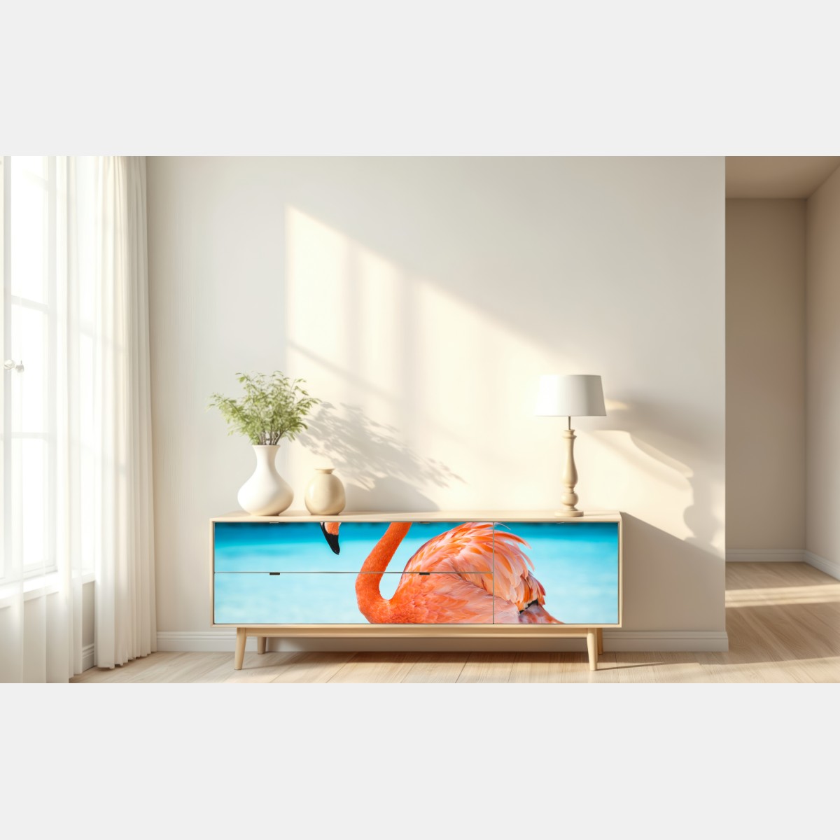 Naklejka repozycjonowalna żywy różowy flaming na turkusowej plaży – Wallissimo® Naklejka repozycjonowalna żywy różowy flaming na turkusowej plaży – Wallissimo®