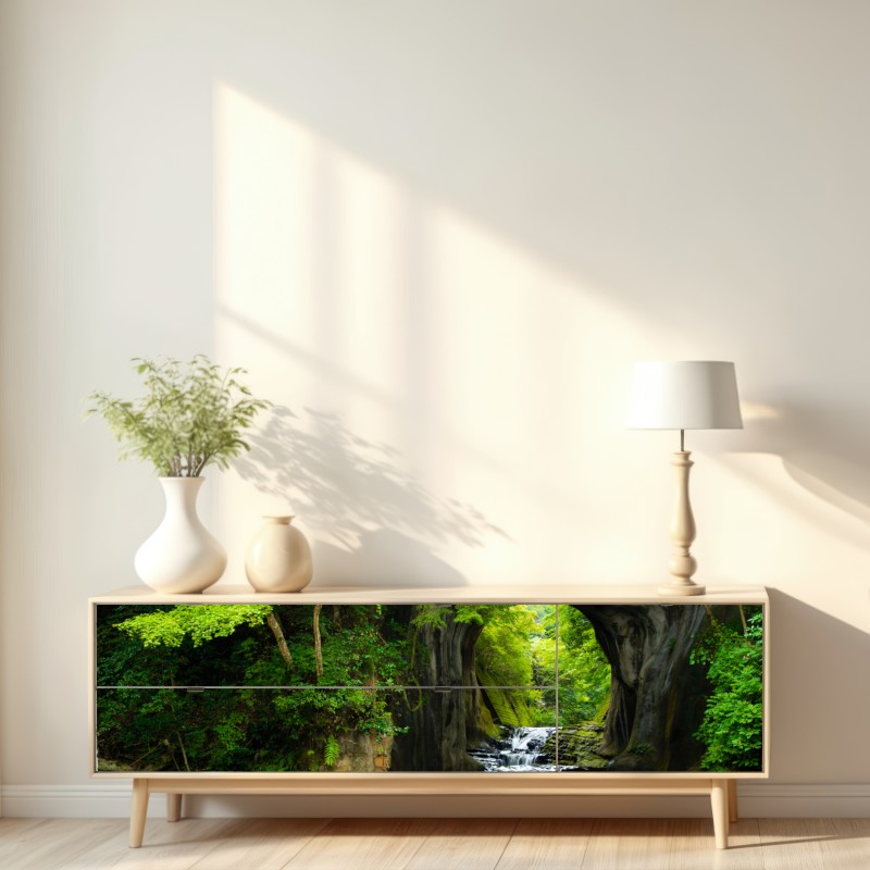 Naklejka repozycjonowalna ukryty wodospad w skalnym łuku – Wallissimo® Naklejka repozycjonowalna ukryty wodospad w skalnym łuku – Wallissimo®