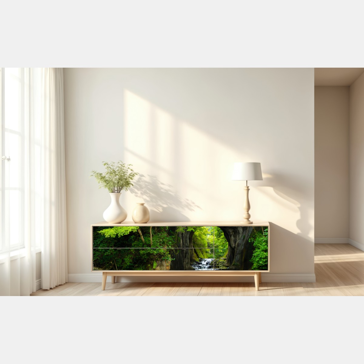 Naklejka repozycjonowalna ukryty wodospad w skalnym łuku – Wallissimo® Naklejka repozycjonowalna ukryty wodospad w skalnym łuku – Wallissimo®