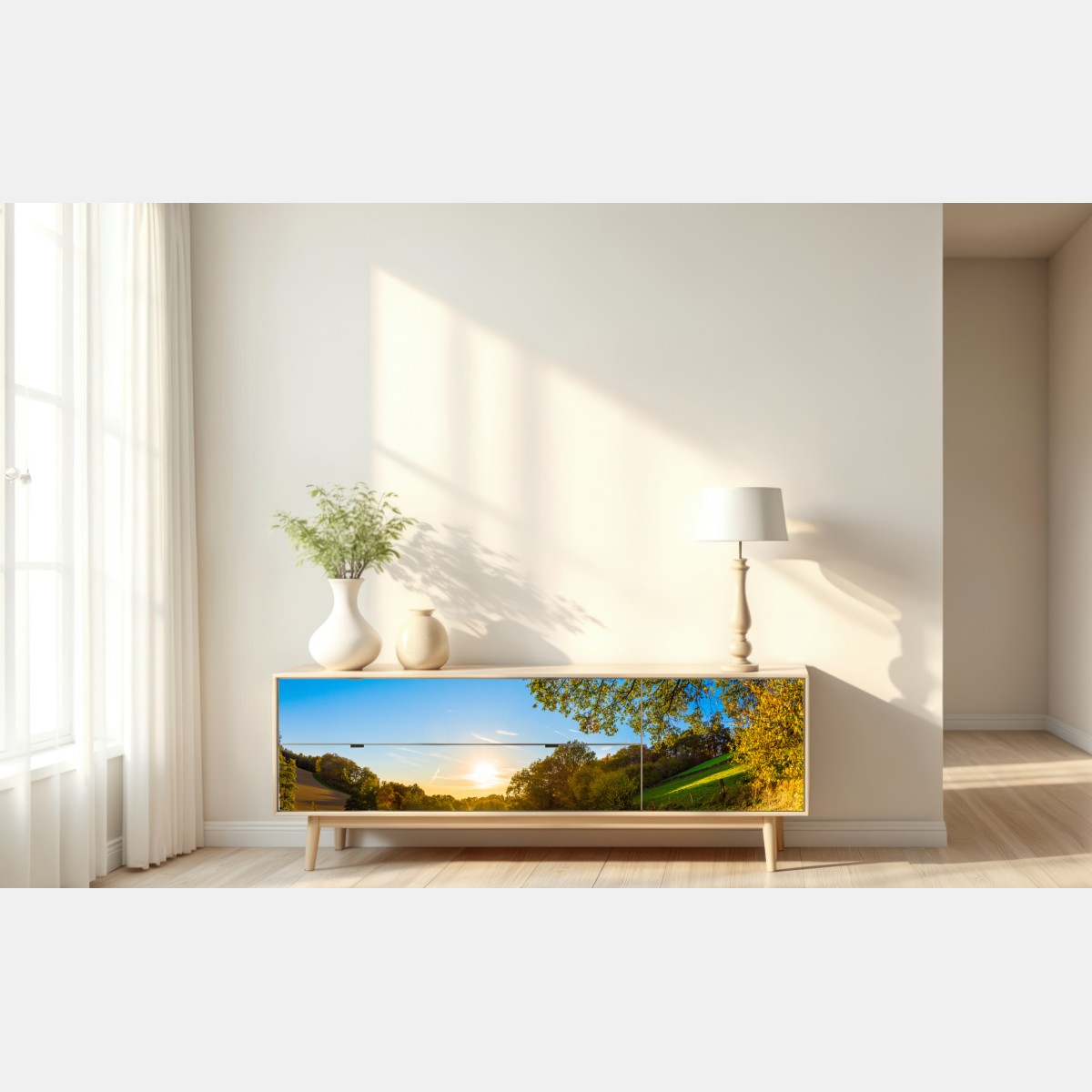 Naklejka repozycjonowalna słoneczna łąka i wiejska droga o zachodzie słońca – Wallissimo® Naklejka repozycjonowalna słoneczna łąka i wiejska droga o zachodzie słońca – Wallissimo®