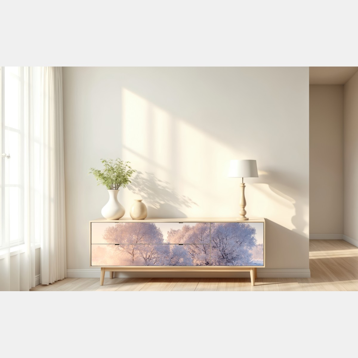 Naklejka repozycjonowalna oszronione drzewa o świcie – Wallissimo® Naklejka repozycjonowalna oszronione drzewa o świcie – Wallissimo®