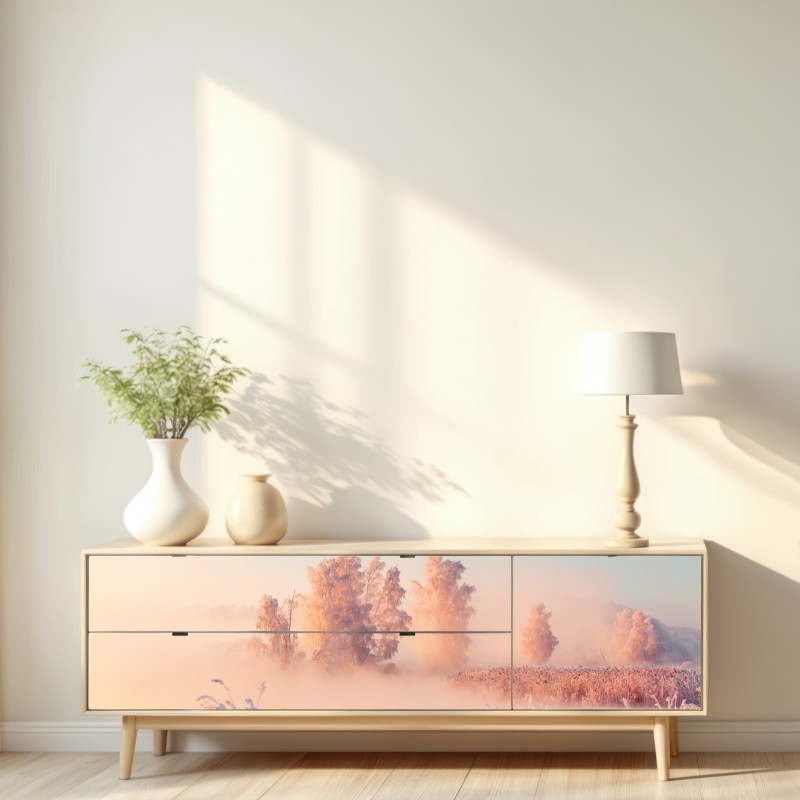 Naklejka repozycjonowalna zimowy wschód słońca nad oszronioną łąką – Wallissimo® Naklejka repozycjonowalna zimowy wschód słońca nad oszronioną łąką – Wallissimo®