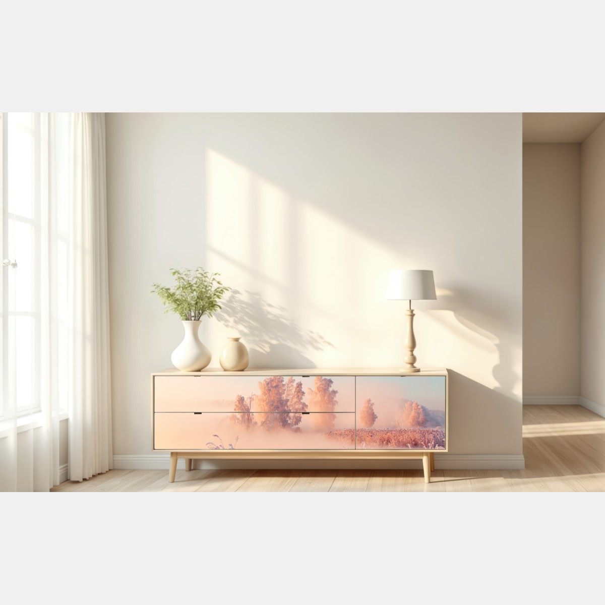 Naklejka repozycjonowalna zimowy wschód słońca nad oszronioną łąką – Wallissimo® Naklejka repozycjonowalna zimowy wschód słońca nad oszronioną łąką – Wallissimo®