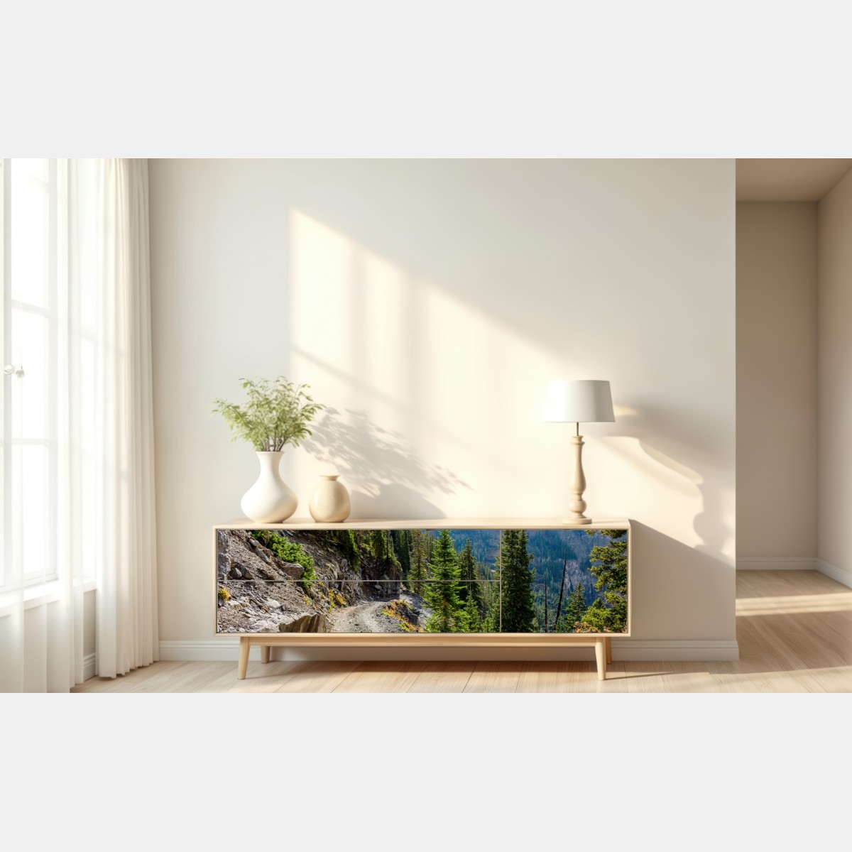 Naklejka repozycjonowalna górski szlak przez alpejski las – Wallissimo® Naklejka repozycjonowalna górski szlak przez alpejski las – Wallissimo®