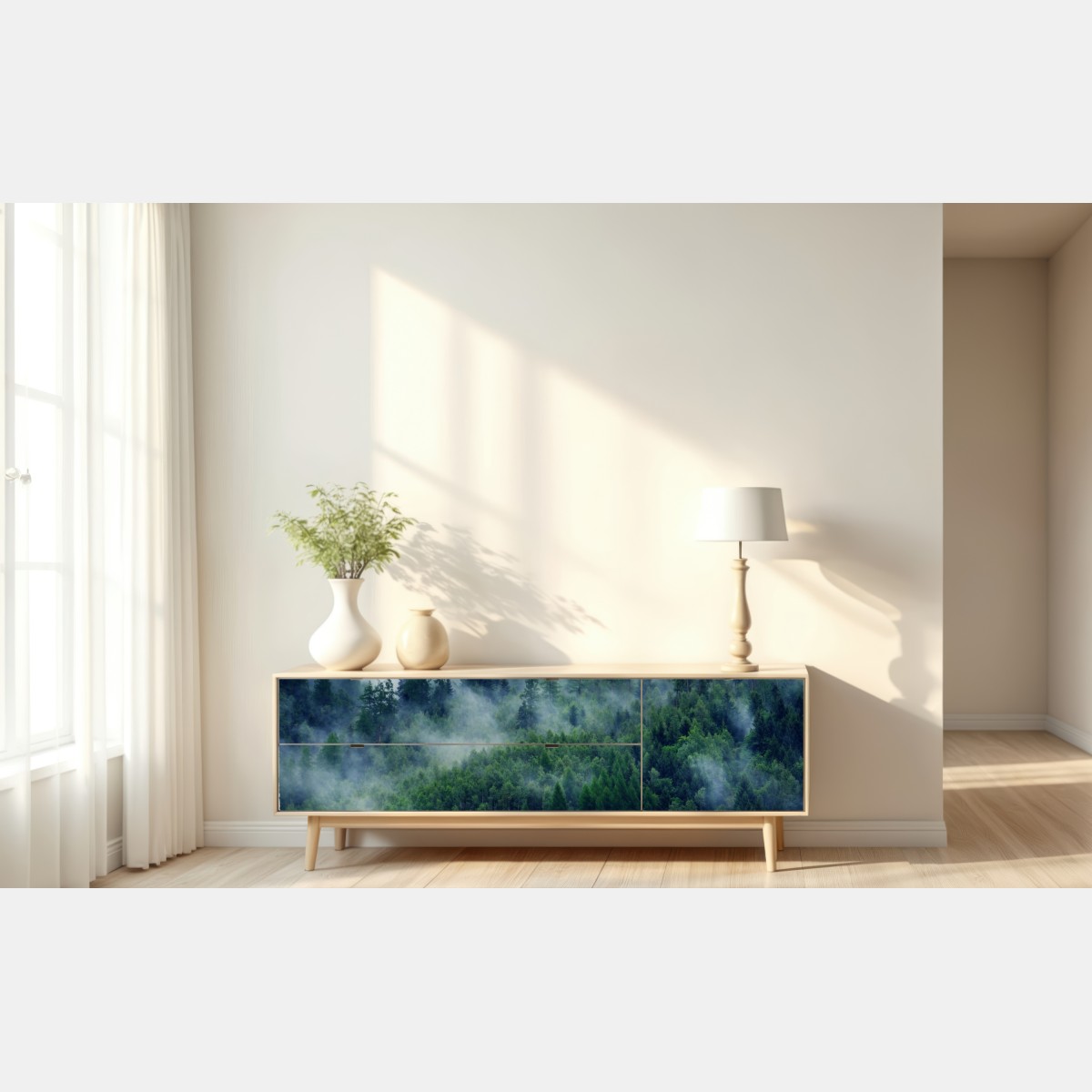 Naklejka repozycjonowalna mglisty zielony las – Wallissimo® Naklejka repozycjonowalna mglisty zielony las – Wallissimo®