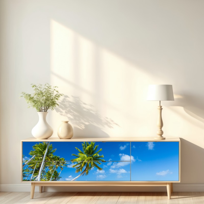 Naklejka repozycjonowalna tropikalna plaża z palmami i turkusową wodą – Wallissimo® Naklejka repozycjonowalna tropikalna plaża z palmami i turkusową wodą – Wallissimo®