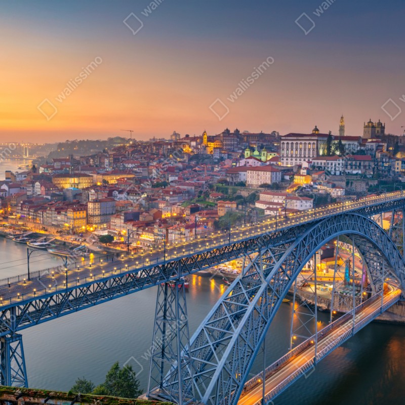 Naklejka repozycjonowalna panorama Porto o zmierzchu z mostem Dom Luís I – Wallissimo® Naklejka repozycjonowalna panorama Porto o zmierzchu z mostem Dom Luís I – Wallissimo®