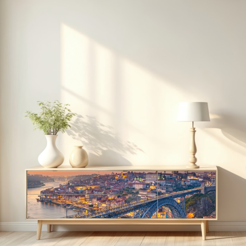 Naklejka repozycjonowalna panorama Porto o zmierzchu z mostem Dom Luís I – Wallissimo® Naklejka repozycjonowalna panorama Porto o zmierzchu z mostem Dom Luís I – Wallissimo®