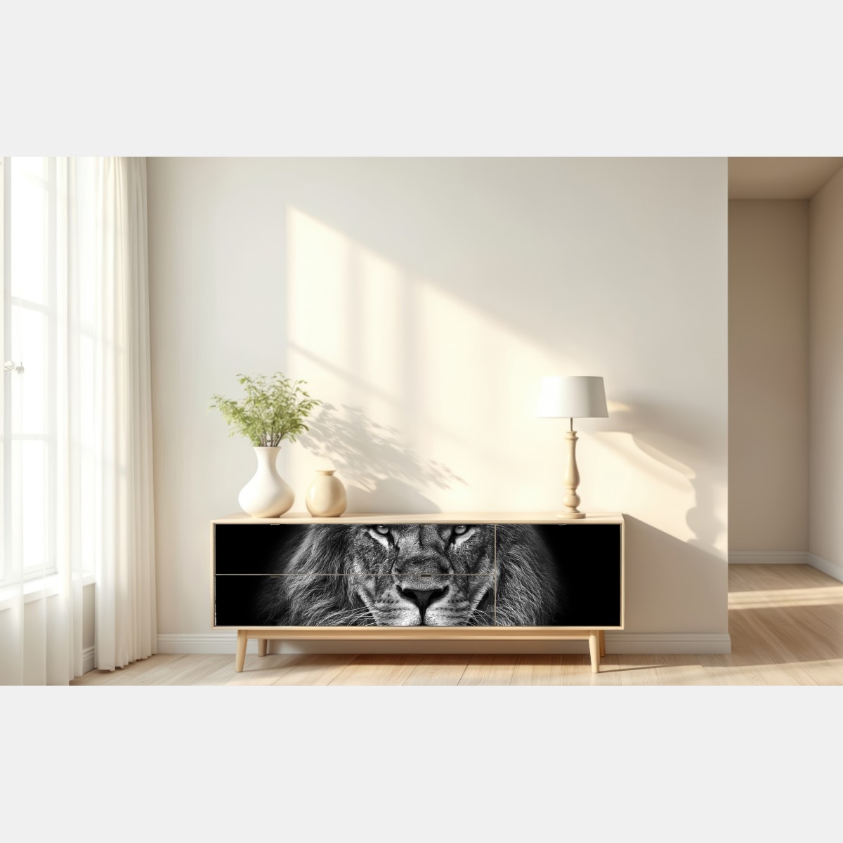 Naklejka repozycjonowalna majestatyczny portret lwa w monochromie – Wallissimo® Naklejka repozycjonowalna majestatyczny portret lwa w monochromie – Wallissimo®