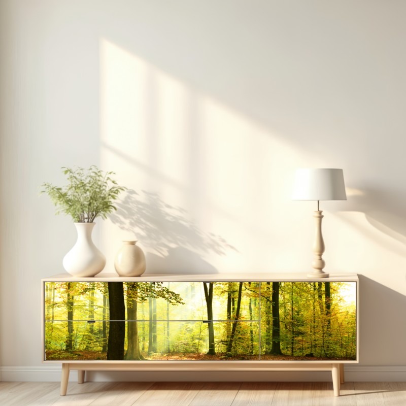 Naklejka repozycjonowalna złoty jesienny las o poranku – Wallissimo® Naklejka repozycjonowalna złoty jesienny las o poranku – Wallissimo®