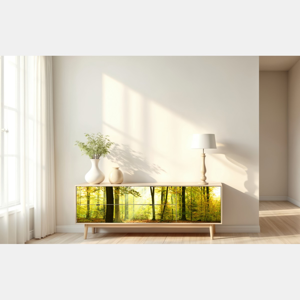 Naklejka repozycjonowalna złoty jesienny las o poranku – Wallissimo® Naklejka repozycjonowalna złoty jesienny las o poranku – Wallissimo®