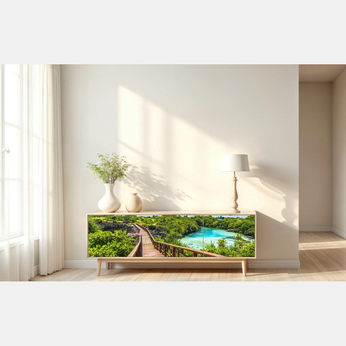 Naklejka repozycjonowalna tropikalna drewniana kładka nad turkusową laguną – Wallissimo® Naklejka repozycjonowalna tropikalna drewniana kładka nad turkusową laguną – Wallissimo®
