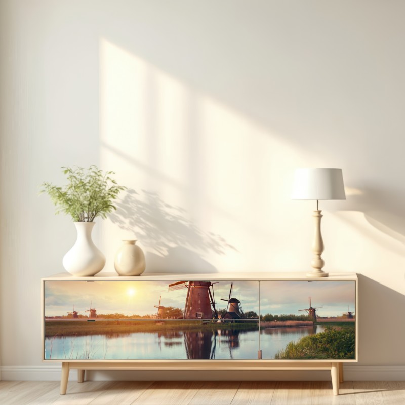 Naklejka repozycjonowalna zachód słońca nad wiatrakami w Holandii – Wallissimo® Naklejka repozycjonowalna zachód słońca nad wiatrakami w Holandii – Wallissimo®